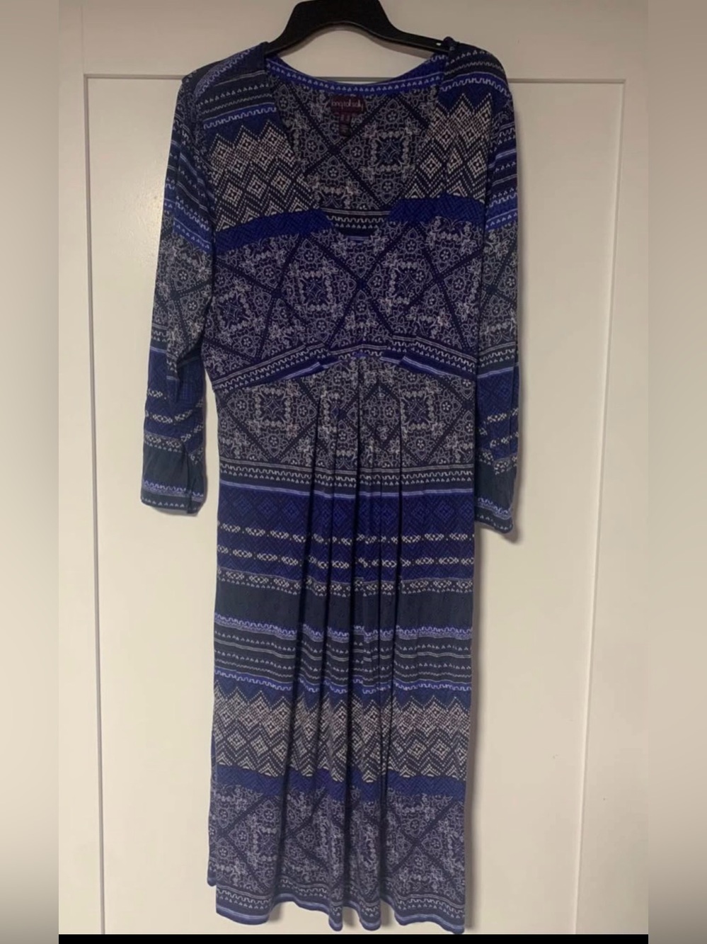 Long Tall Sally US 18 Tall Blue Print Midi Dress V Neck Tie Waist Stretch